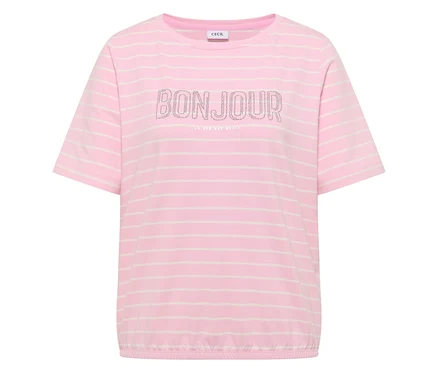 CECIL Shirt, rosa-weiß gestreift, mit glitzerndem „BONJOUR“ Schriftzug und „LA VIE EST BELLE“ darunter.