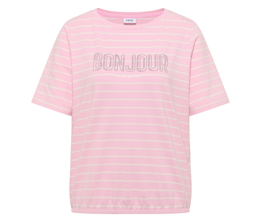 Rosa-weiß gestreiftes CECIL Shirt mit kurzem Arm und "Bonjour"-Schriftzug.