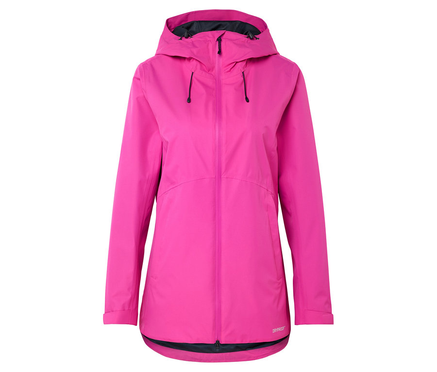 Pinke, lange Regenjacke mit Kapuze, Frontreißverschluss und Kordelzug.