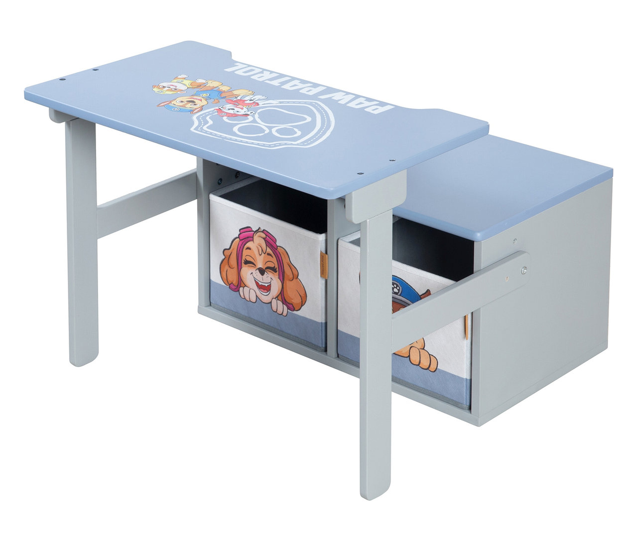 Blauer Kindertisch mit Paw Patrol Motiven und zwei Stoffschubladen.