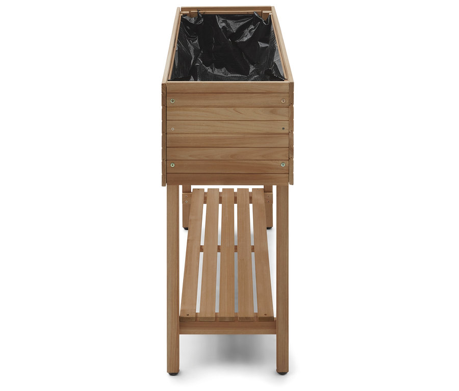 Holzpflanzkasten mit schwarzer Auskleidung und Ablage darunter.