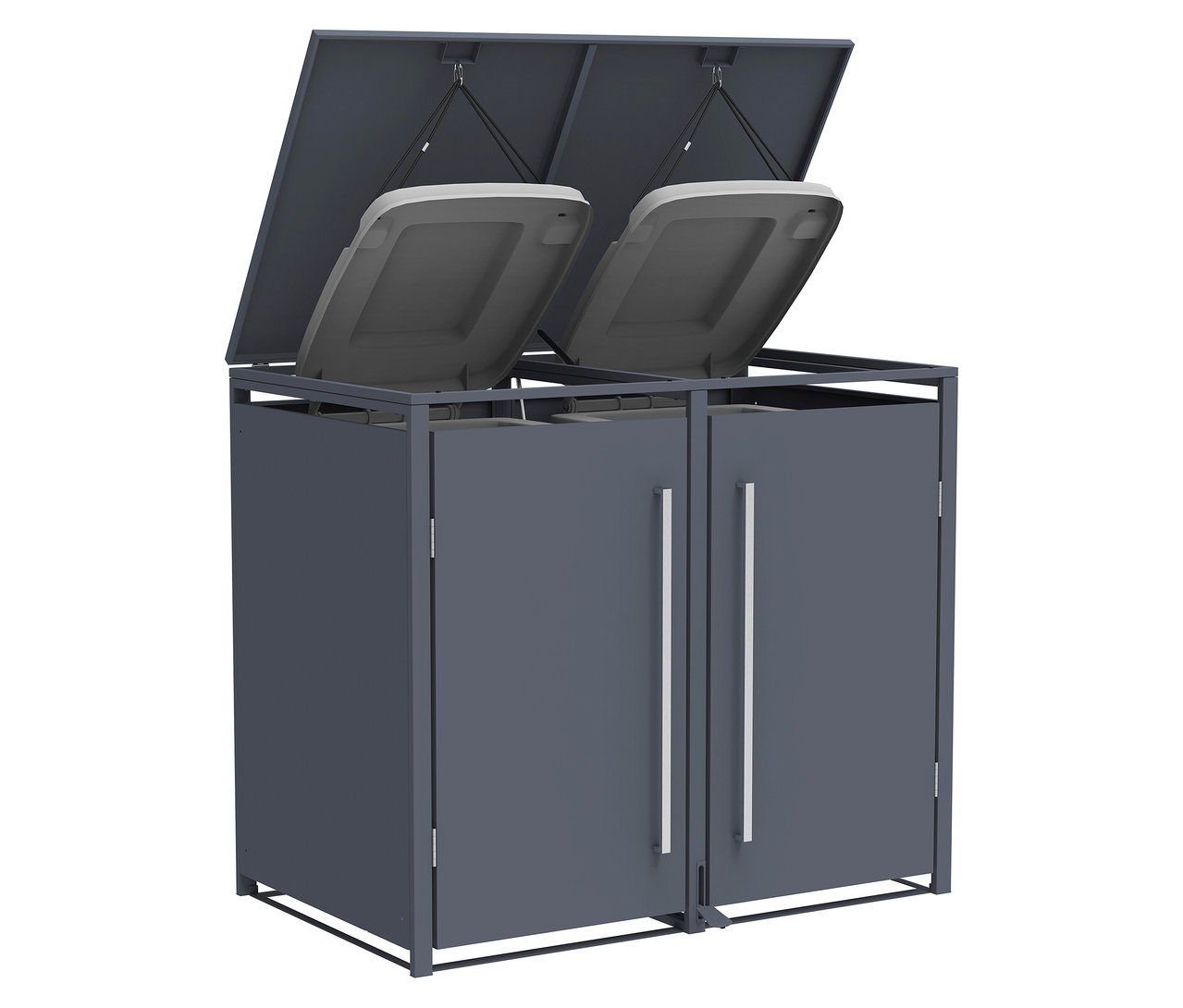 Grauer Mülltonnenständer mit zwei Behältern, beide mit offenem Deckel.