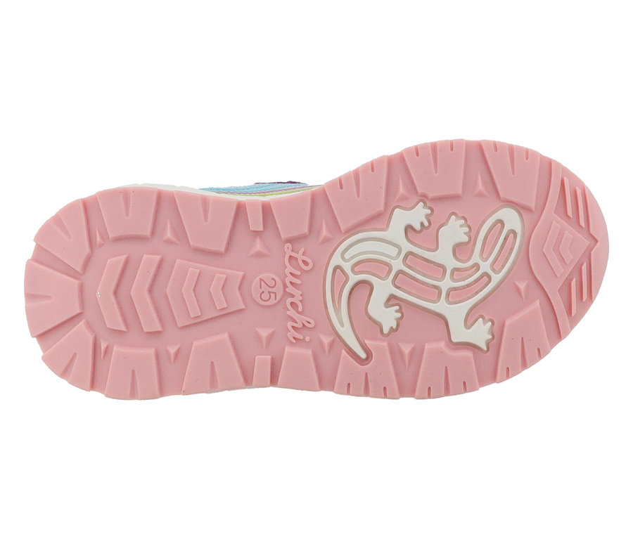 Sohle des LURCHI Sneaker »Anni« mit rosa Sohle und weißem Salamander-Logo.