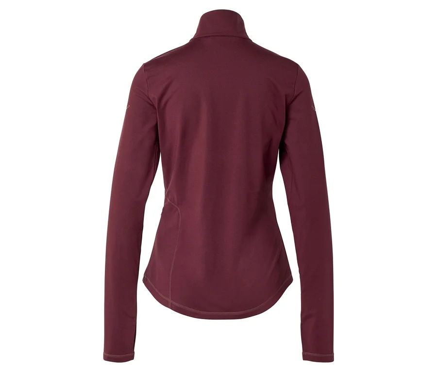 Rückansicht einer weinroten, langärmeligen Jacke mit Stehkragen.