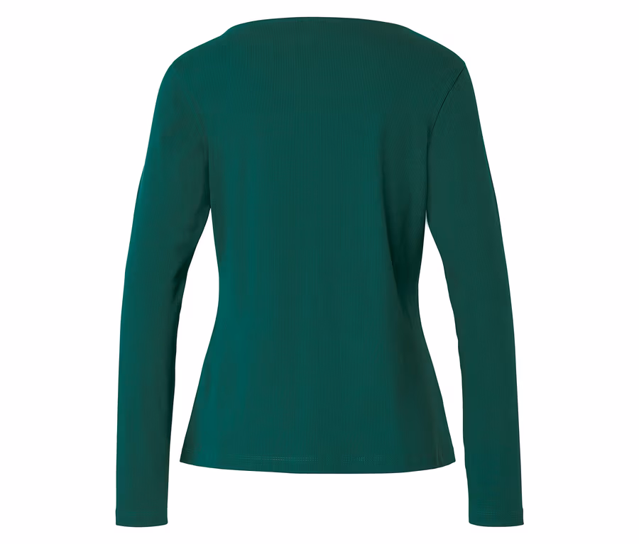 Rückansicht eines smaragdgrünen, gerippten Langarmshirts mit Rundhalsausschnitt vor einem weißen Hintergrund.