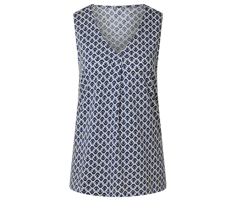 Ein ärmelloses Oberteil mit V-Ausschnitt und einem Allover-Muster aus marineblauen und weißen Pfeilen.