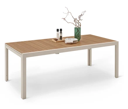 Esstisch mit Holzplatte, Gewürzstreuer und Dekoration in einer grünen Vase.