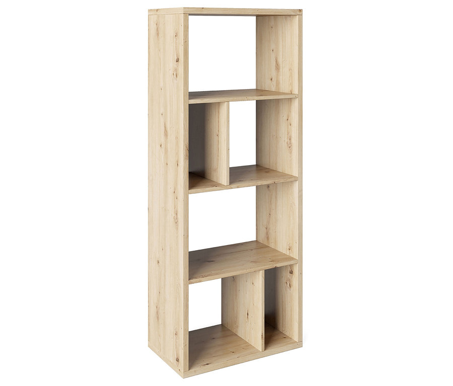 Ein hellbraunes, hölzernes Regal mit fünf Fächern.