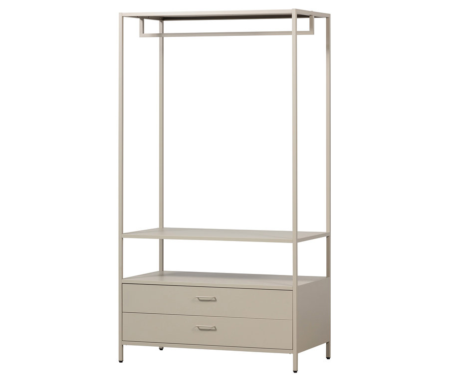 Ein beiger Kleiderschrank mit zwei Schubladen, einem Regal und einer Kleiderstange.