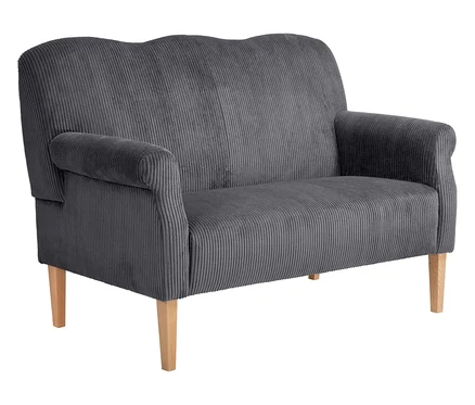 Graues Cord-Zweisitzer-Sofa mit Holzbeinen.