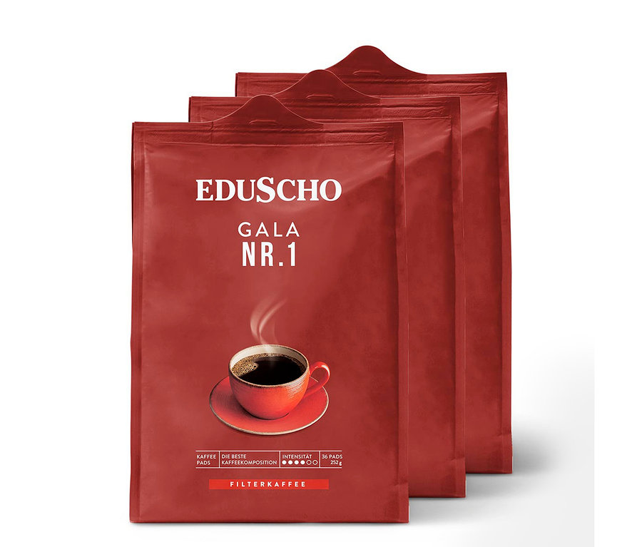 Drei Packungen Eduscho Gala Nr. 1 Kaffeepads liegen nebeneinander.