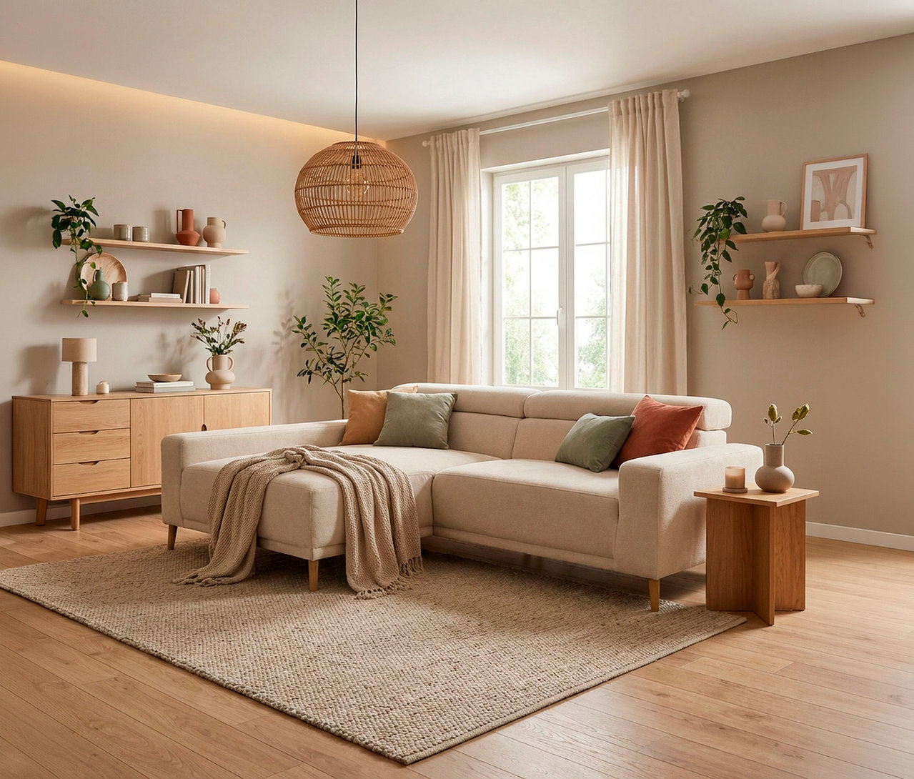 Ein gemütliches Wohnzimmer mit einem beigen L-förmigen Sofa, das mit einer Decke und Kissen dekoriert ist. Ein heller Teppich liegt auf dem Holzboden. An den Wänden hängen Holzregale mit Pflanzen und Vasen, und ein großer runder Rattan-Kronleuchter hängt von der Decke.