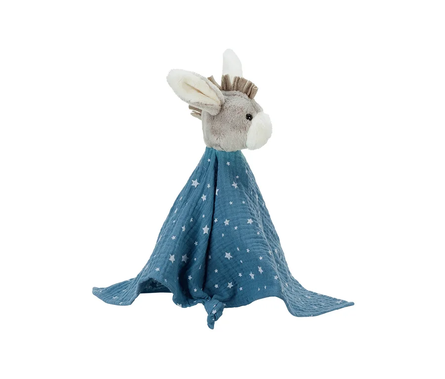 Baby-Schmusetuch mit grauem Eselkopf und blauer Decke mit weißen Sternen. Die zerknitterte Decke ist ausgebreitet.