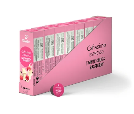Packung Cafissimo Flavoured Espresso - White Choc & Raspberry - 80 Kapseln.