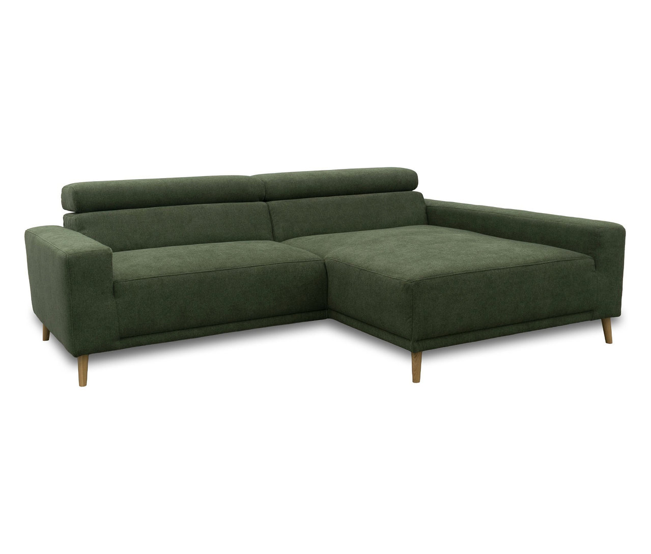 Grünes DOMO Sofa »Malmö« mit Longchair rechts, Kopfteilverstellung und Holzfüßen.