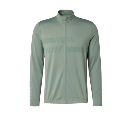 Hellgrüne Langarm-Sportjacke mit Stehkragen und durchgehendem Reißverschluss, mit dunkleren Streifenmustern auf der Brust und den Ärmelbündchen.