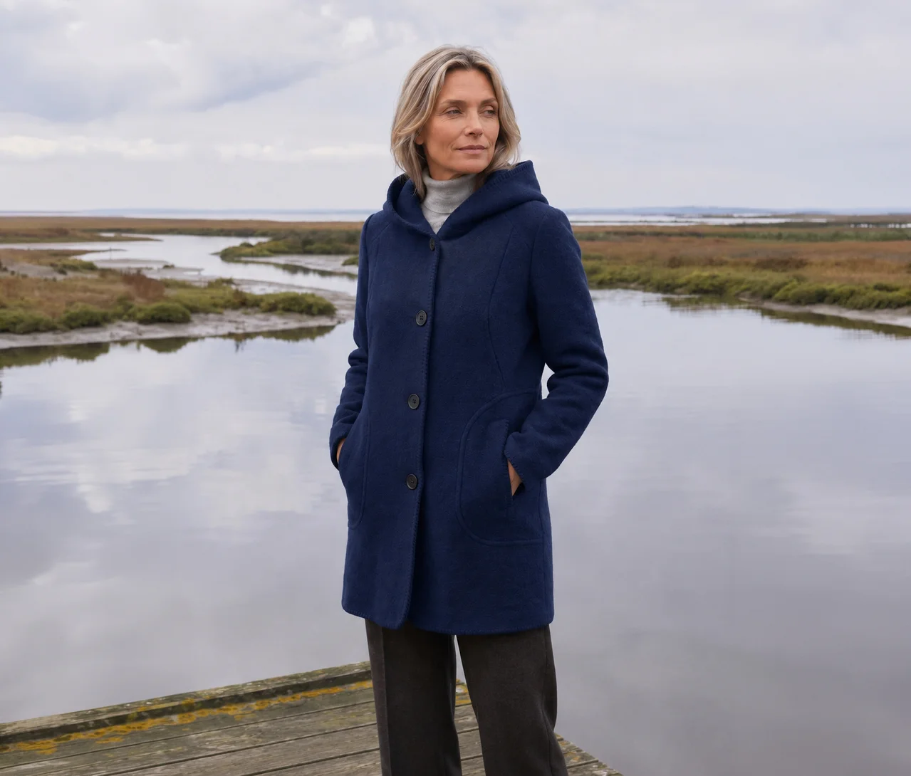 Eine Frau steht auf einem Holzsteg, blickt nach rechts, die Hände in den Taschen ihres dunkelblauen Kapuzenmantels. Sie trägt einen grauen Rollkragenpullover und dunkle Hosen. Im Hintergrund ist ein Gewässer mit sumpfigen Ufern unter bewölktem Himmel.