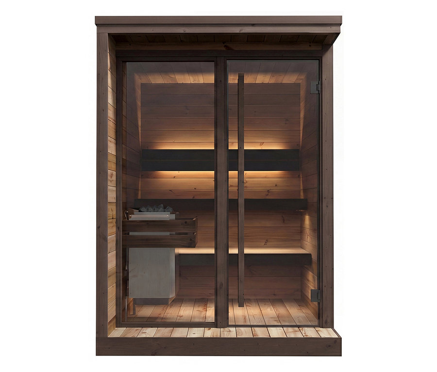 Eine moderne Holzsauna mit dunkelbraunem Rahmen und zwei klaren Glastüren. Innen sind die Wände und Bänke aus hellem Holz, beleuchtet von warmen Lichtleisten entlang der Rückwand und unter den Bänken. Ein Saunaofen mit Steinen steht links, bedeckt von einem Holzrost.