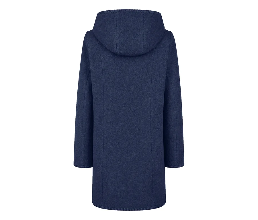 Blauer Barbara Lebek Wollmantel mit Kapuze, von hinten gesehen.