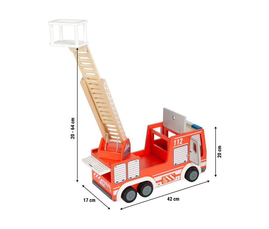 Ein hölzernes Feuerwehrauto mit ausziehbarer Leiter.