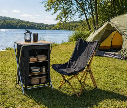 Faltbarer Campingtisch mit Stauraum, Geschirr und Laterne, steht neben einem faltbaren Campingstuhl am Seeufer vor einem Zelt.