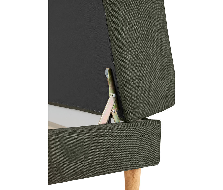 Grünes Federkern-Eckschlafsofa »Just Relax« mit geöffneter Stauraumbank, die den Mechanismus und das dunkle Innenfutter zeigt.