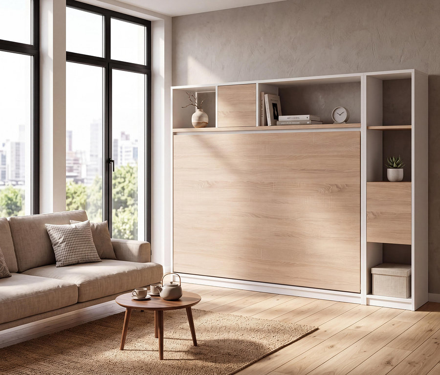 Modernes Wohnzimmer mit beigem Sofa, rundem Couchtisch und einem großen Wandschrank. Der Wandschrank beinhaltet das geschlossene Roba Wandklappbett »Verso«, 90 x 200, umgeben von weißen Regalen mit Büchern und Deko.