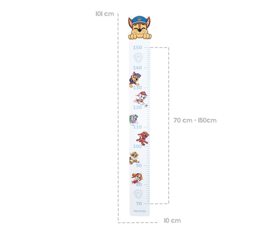 Wachstumsdiagramm mit Paw Patrol Charakteren und Maßen von 70 bis 150 cm.