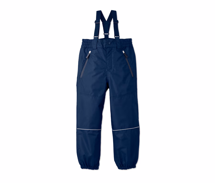 Marineblaue Regenhose mit Trägern.