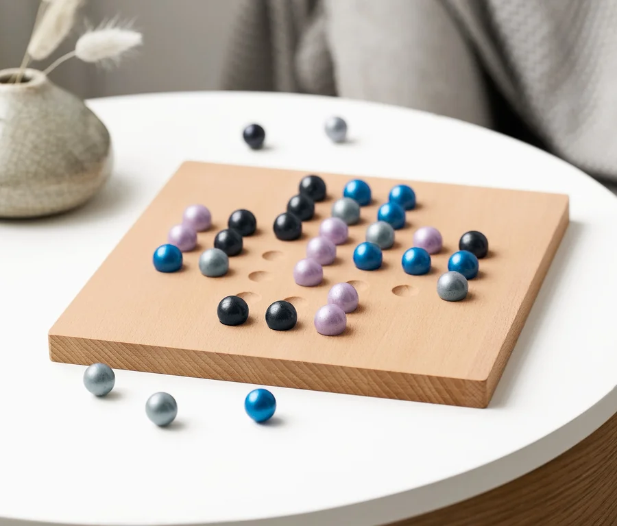 Murmel-Brettspiel auf einem Tisch.