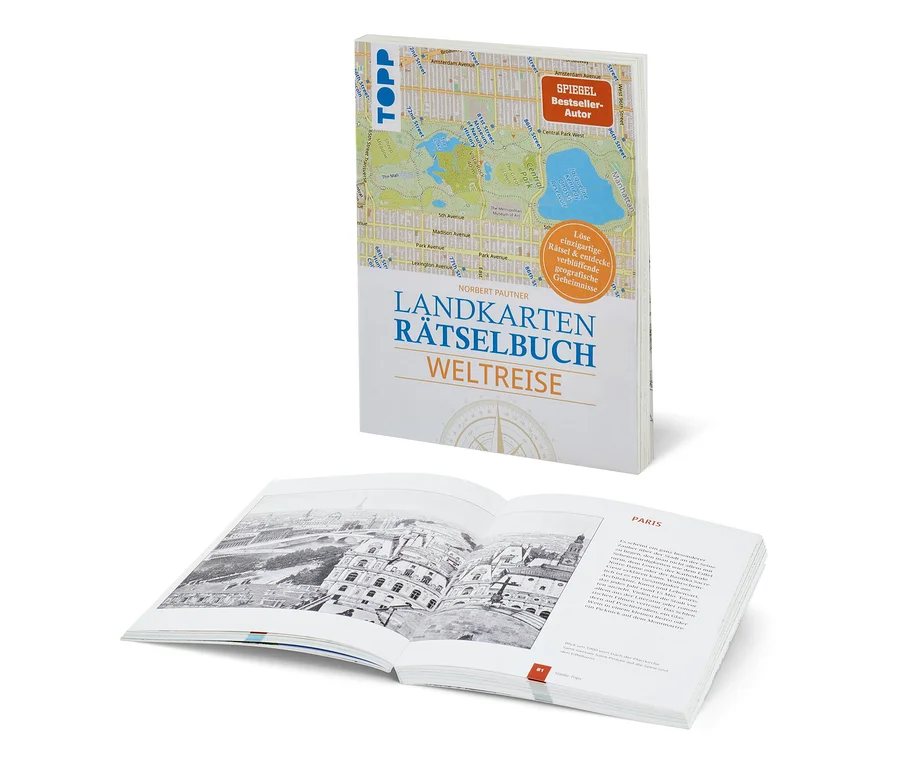 Auf dem Bild ist ein Buch, Landkarten-Rätselbuch Weltreise. Das geöffnete Buch zeigt ein Schwarzweißfoto von Paris.