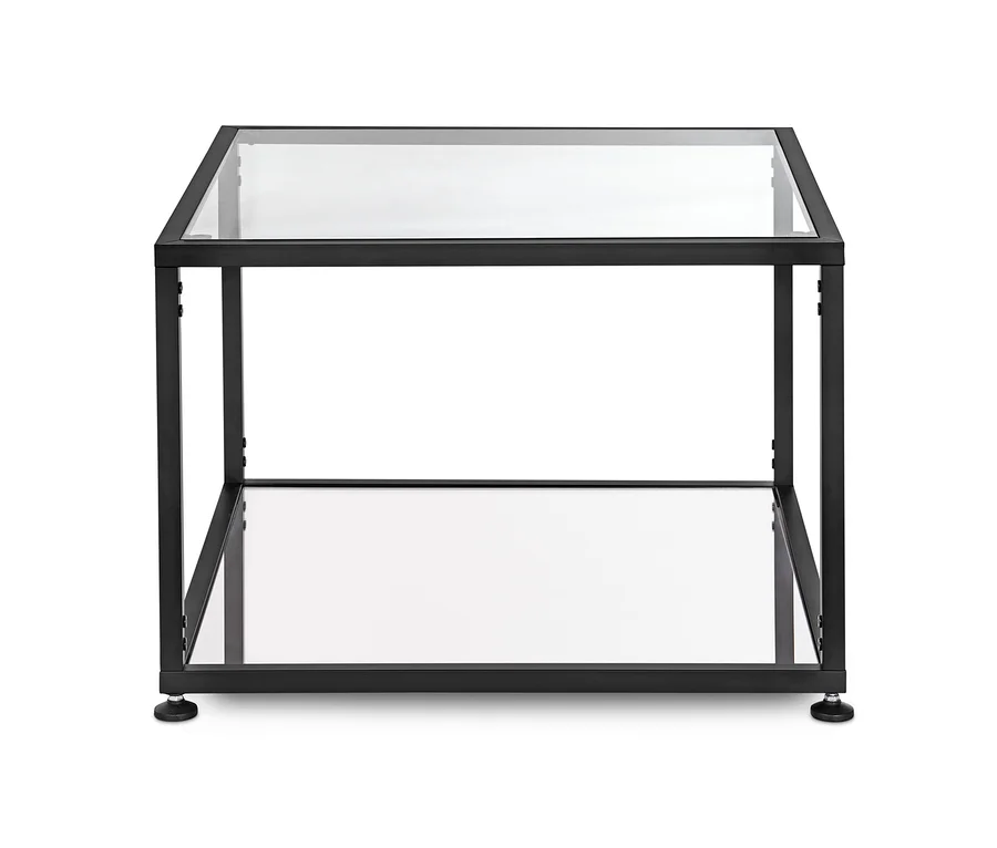 Schwarzer Couchtisch mit Glasplatte.