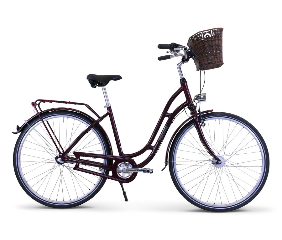 Ein Bordeaux HAWK Bikes Cityrad "City Classic Joy Bordeaux" mit einem Weidenkorb.