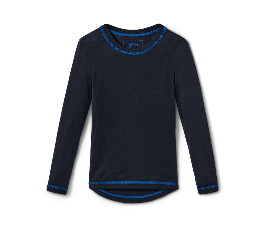 Marineblaue Kinder-Funktionsunterwäsche mit langen Ärmeln und blauen Bündchen.