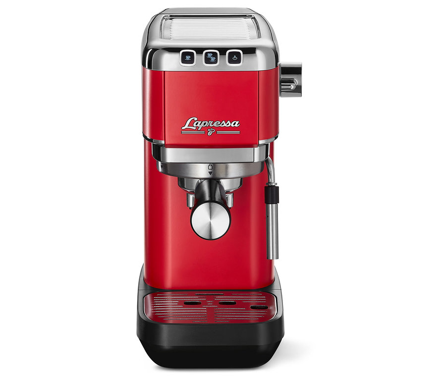 Rote »Lapressa« Siebträgermaschine.