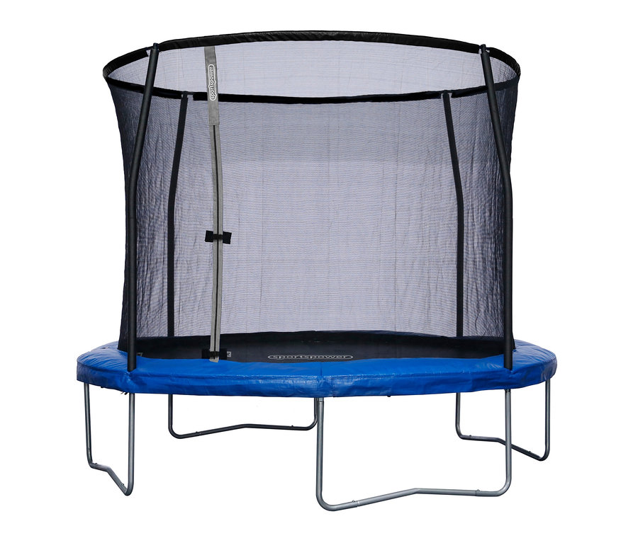 Ein blau-schwarzes Sportspower-Trampolin »305« mit Sicherheitsnetz.
