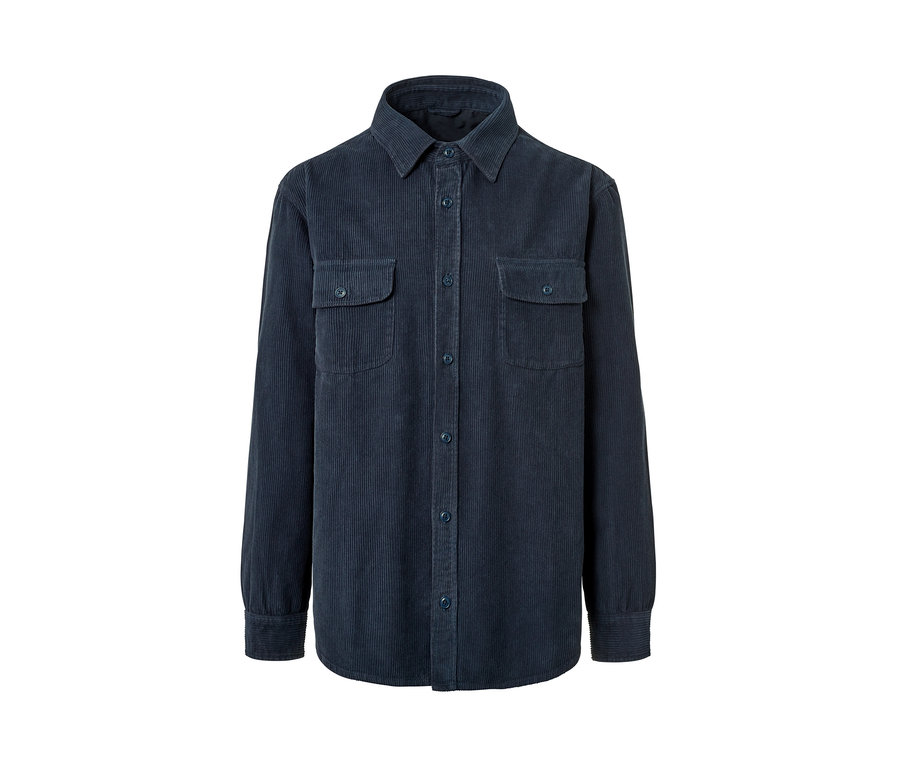 Dunkelblaue Cord-Hemdjacke mit langen Ärmeln, Knöpfen und zwei Brusttaschen.