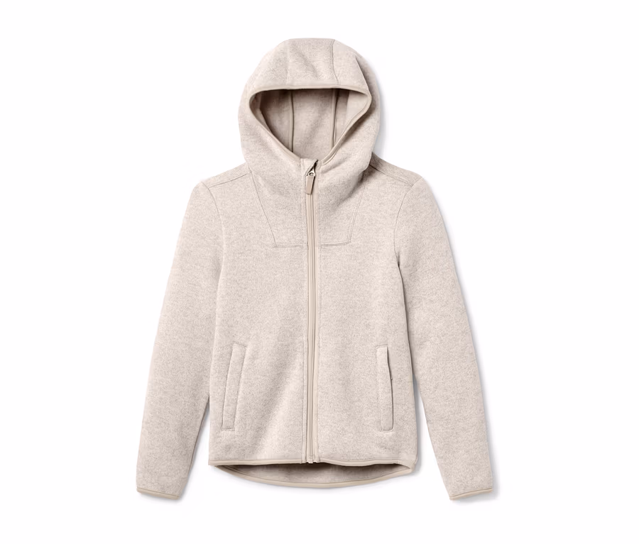 Beige Strickfleece-Jacke mit Reißverschluss und Kapuze.