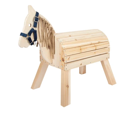 Kompaktes small foot Holzpferd mit blauem Zaumzeug und Seilmähne.