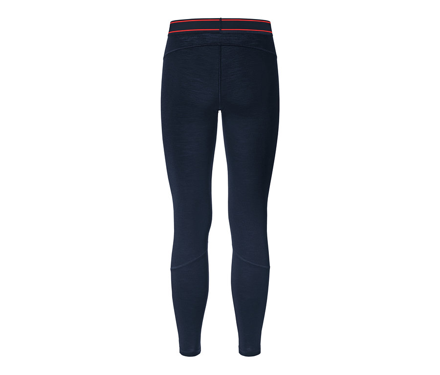 Dunkelblaue lange Unterhose mit RWS-zertifizierter Wolle, Rückansicht.