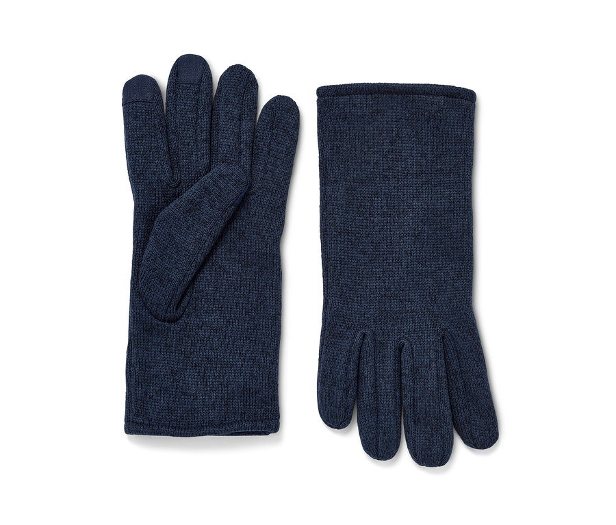 Zwei dunkelblaue Strickfleece-Handschuhe liegen nebeneinander.