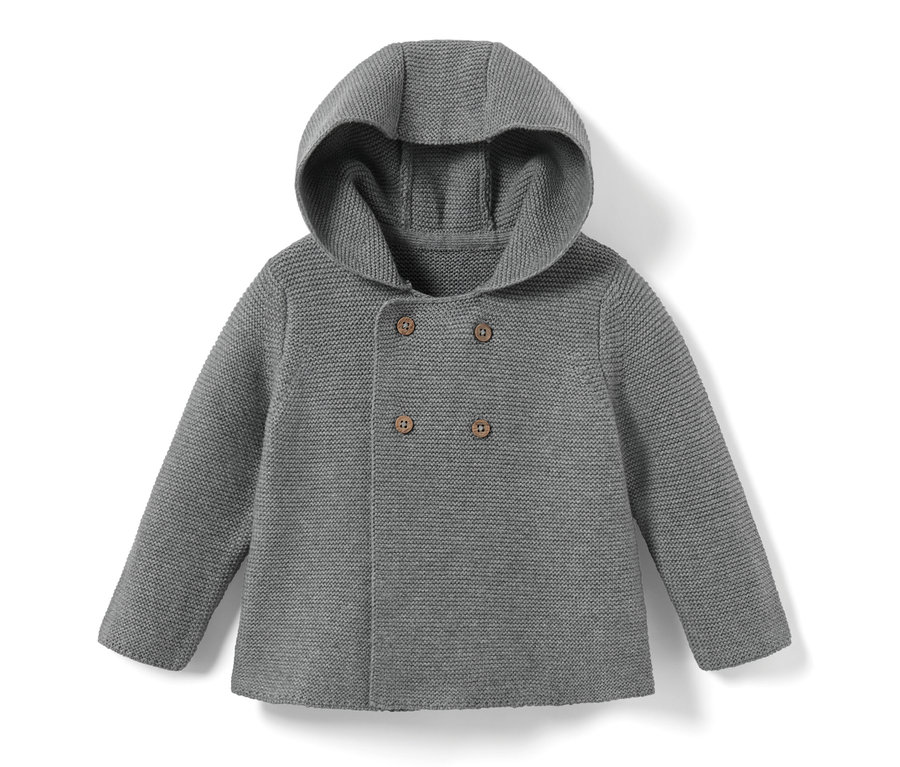 Grau melierte Baby-Strickjacke mit Kapuze und Knöpfen.