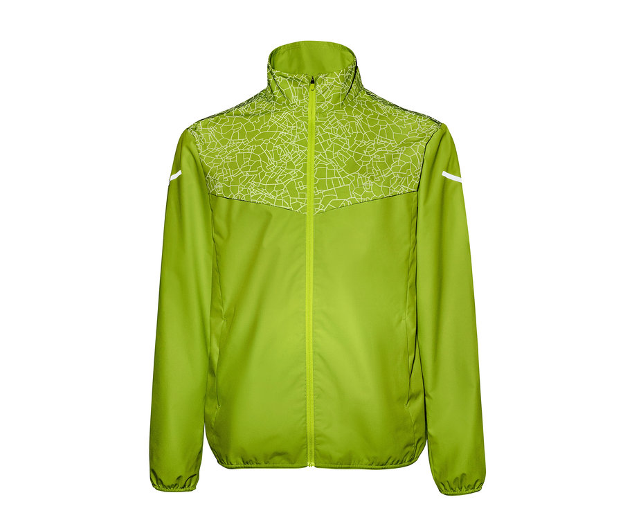 Neonlime Windprotection-Laufjacke mit Muster im oberen Bereich.