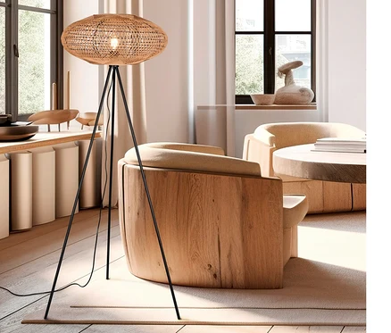 Im Wohnzimmer steht eine Trio Stehleuchte »Hedda« mit einem Lampenschirm aus Rattan und schwarzen Beinen.
