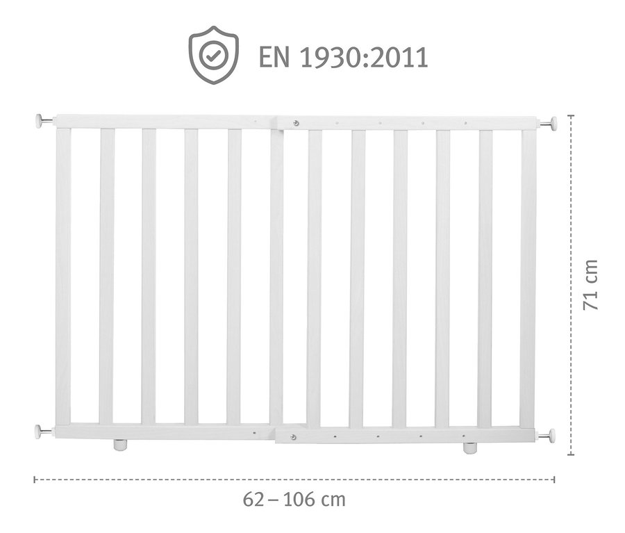 Weißes roba Türschutzgitter zum Klemmen, 62-106 cm breit und 71 cm hoch.