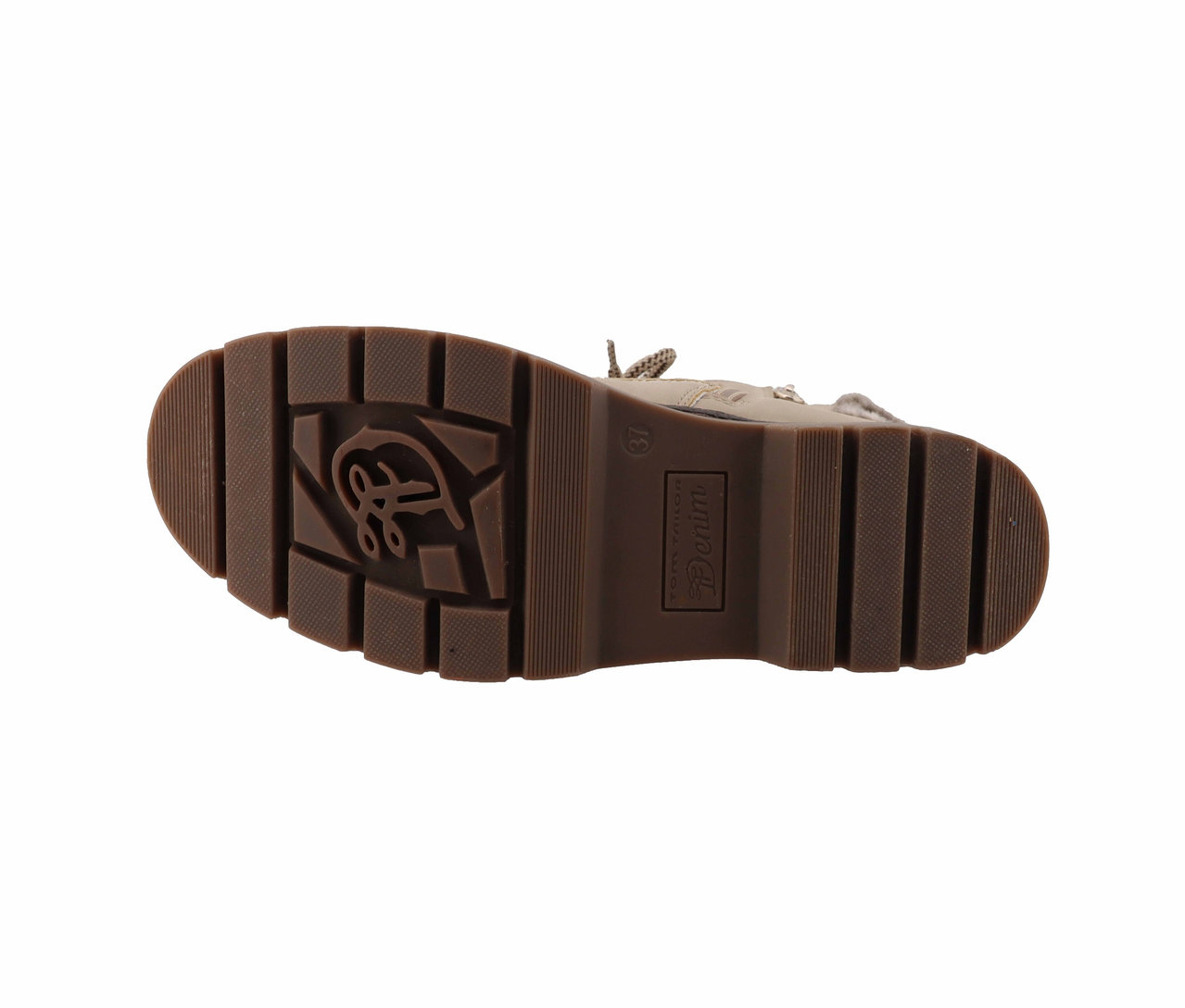 Braune Schuhsohle mit tiefem Profil und Logo.