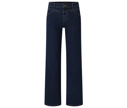 Dunkelblaue Jeans mit weitem Bein und Knopfverschluss.