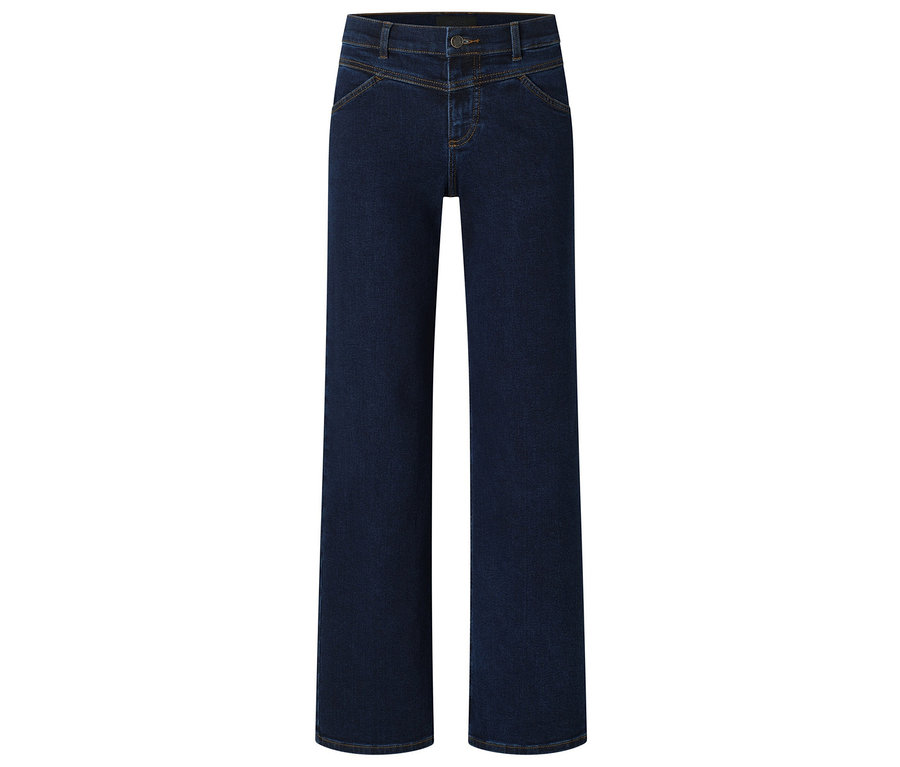 Dunkelblaue Jeans mit weitem Bein und Knopfverschluss.