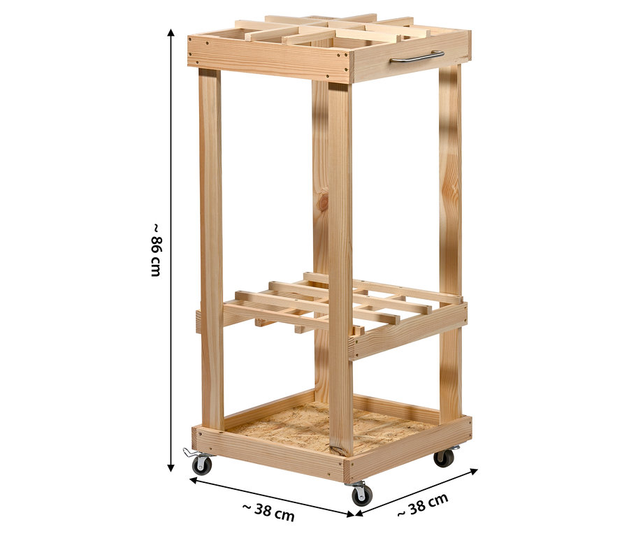Abmessungen des Holzwagens: 86 cm hoch und 38 cm breit.