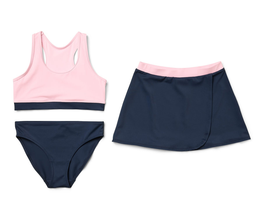 Kinder-Bikini-Set in Rosa und Dunkelblau mit Sport-BH, Bikinihose und Rock.